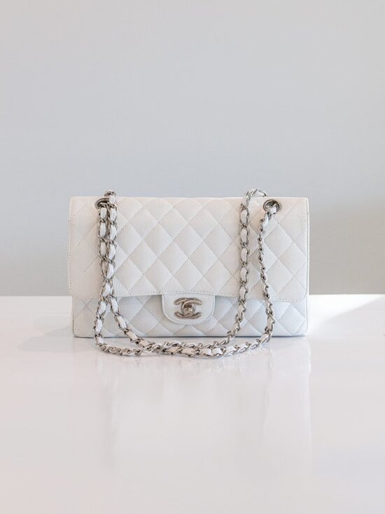 CHANEL Handbags - CHANEL White Caviar Medium Double Flap Shoulder Bag with Silver Hardware